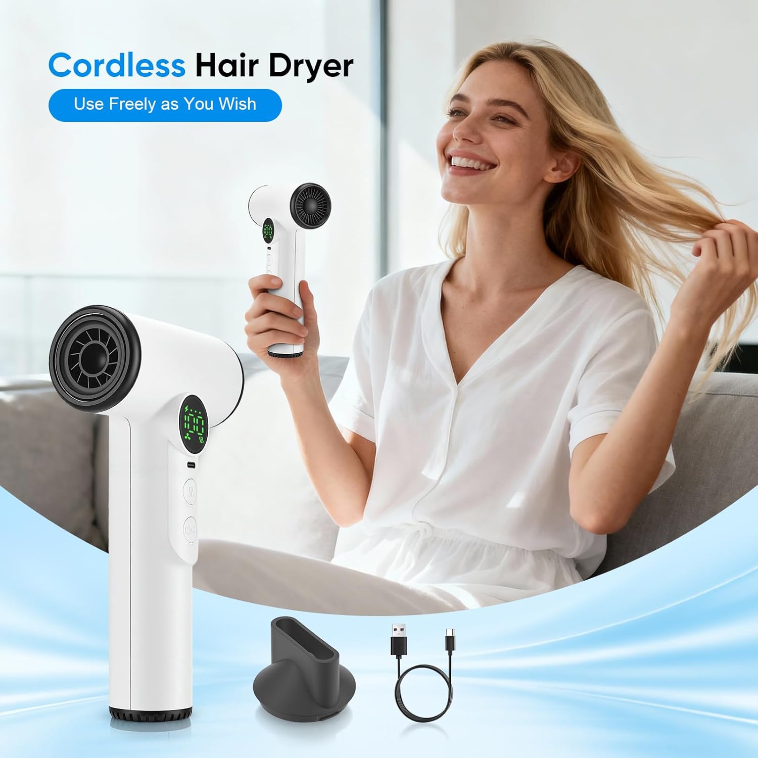 Sèche-cheveux sans fil 200 W avec batterie, 3 vitesses et 3 températures, 15600 mAh, sèche-cheveux de voyage sans fil avec écran numérique, pour voyage, camping, dortoirs (blanc) Blanc.