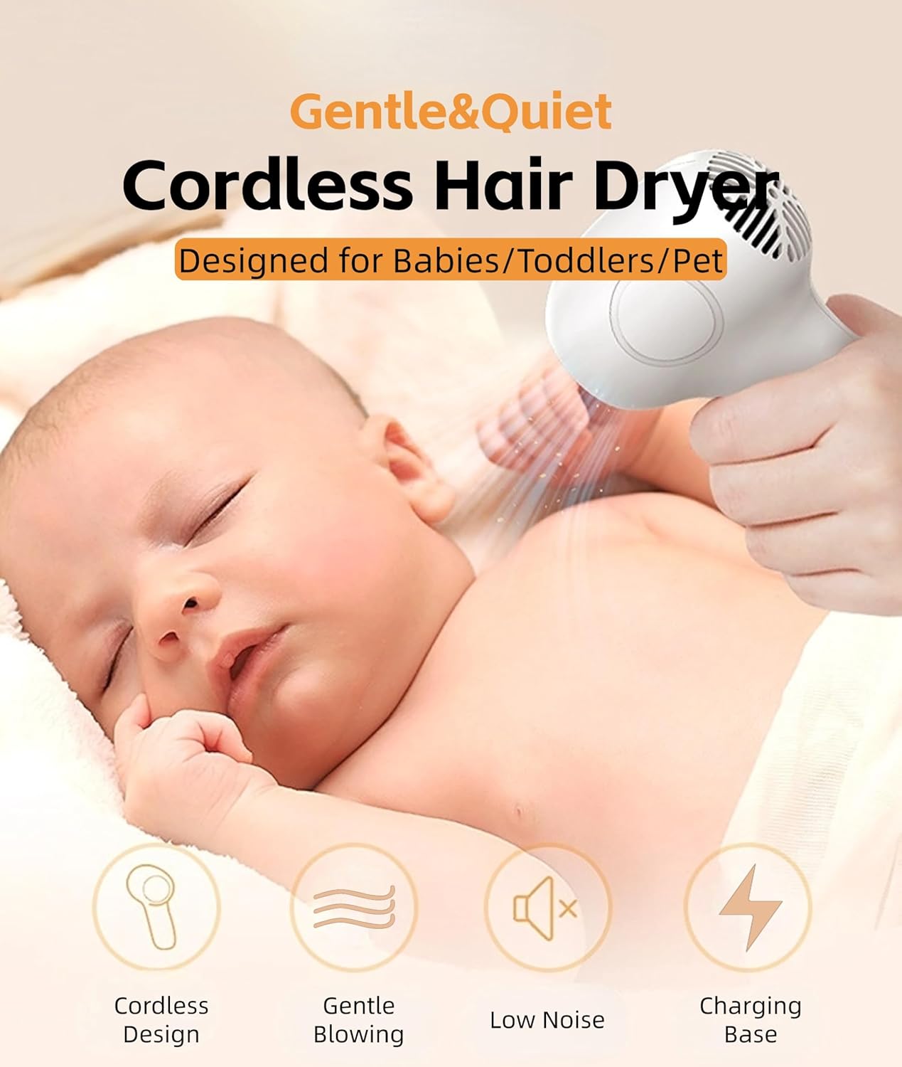 Sèche-cheveux pour bébé, Chaleur Douce à Faible Bruit pour bébé en Bas âge, Sèche-cheveux sans Fil Rechargeable à Température Constante à 2 Vitesses, Petit Sèche-cheveux (Blanc Blanc Laiteux et Marron