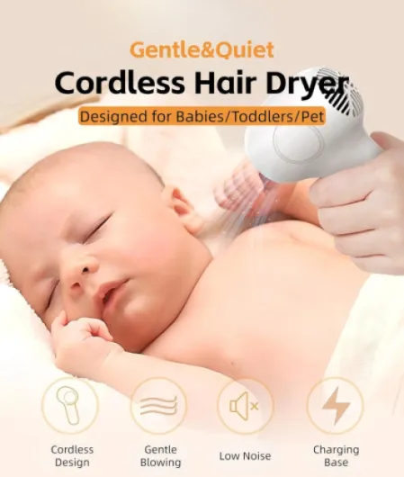 Sèche-cheveux pour bébé, Chaleur Douce à Faible Bruit pour bébé en Bas âge, Sèche-cheveux sans Fil Rechargeable à Température Constante à 2 Vitesses, Petit Sèche-cheveux (Blanc Blanc Laiteux et Marron
