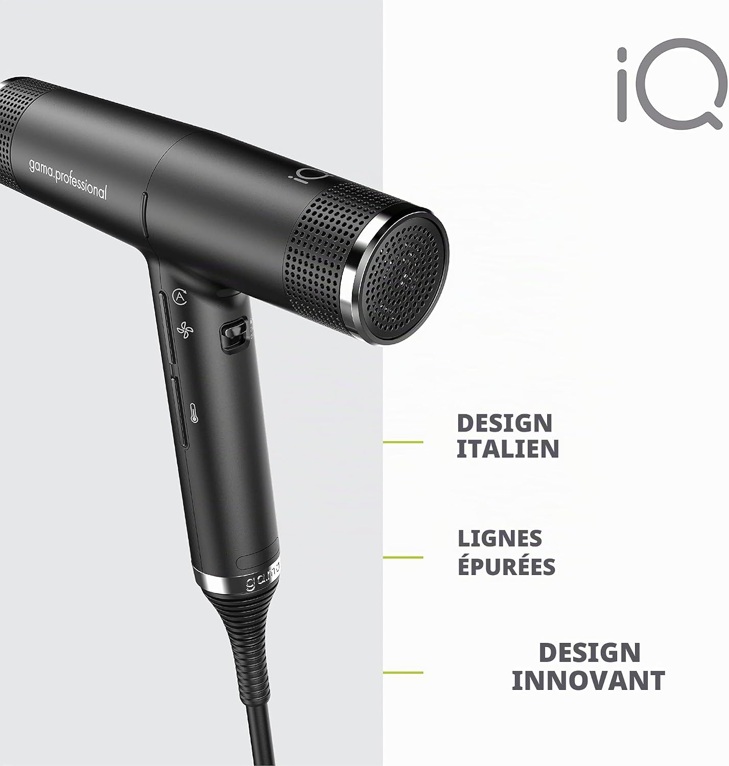 Gama Italy Professional Sèche-cheveux professionnel iQ Perfetto - Technologie Ion - Elle apporte bien-être et éclat aux cheveux, 30% plus rapide, Ultra silencieux, Seulement 294 g Noir