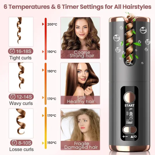 Fer a Boucler Cheveux Automatique Sans Fil Fer a Friser avec 6 Réglages de Température & Minuteur, Boucleur Céramique USB Rechargeable, Anti-brûlure, pour Cheveux Longs Courts