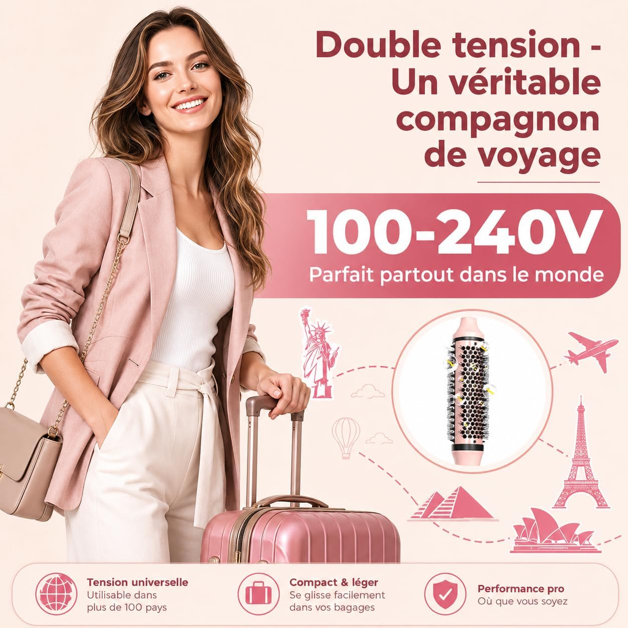 Bopcal Brosse Chauffante 38 mm, Brosse Thermique pour Lissage & Boucles, Volume, Double Tension Voyage, Ionique Anti-Frisottis, 6 Températures Réglables, Cheveux Mi-longs et Longs Rose Pâle