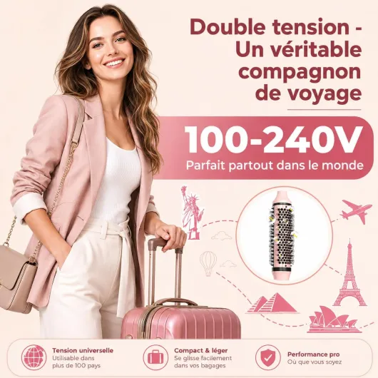 Bopcal Brosse Chauffante 38 mm, Brosse Thermique pour Lissage & Boucles, Volume, Double Tension Voyage, Ionique Anti-Frisottis, 6 Températures Réglables, Cheveux Mi-longs et Longs Rose Pâle