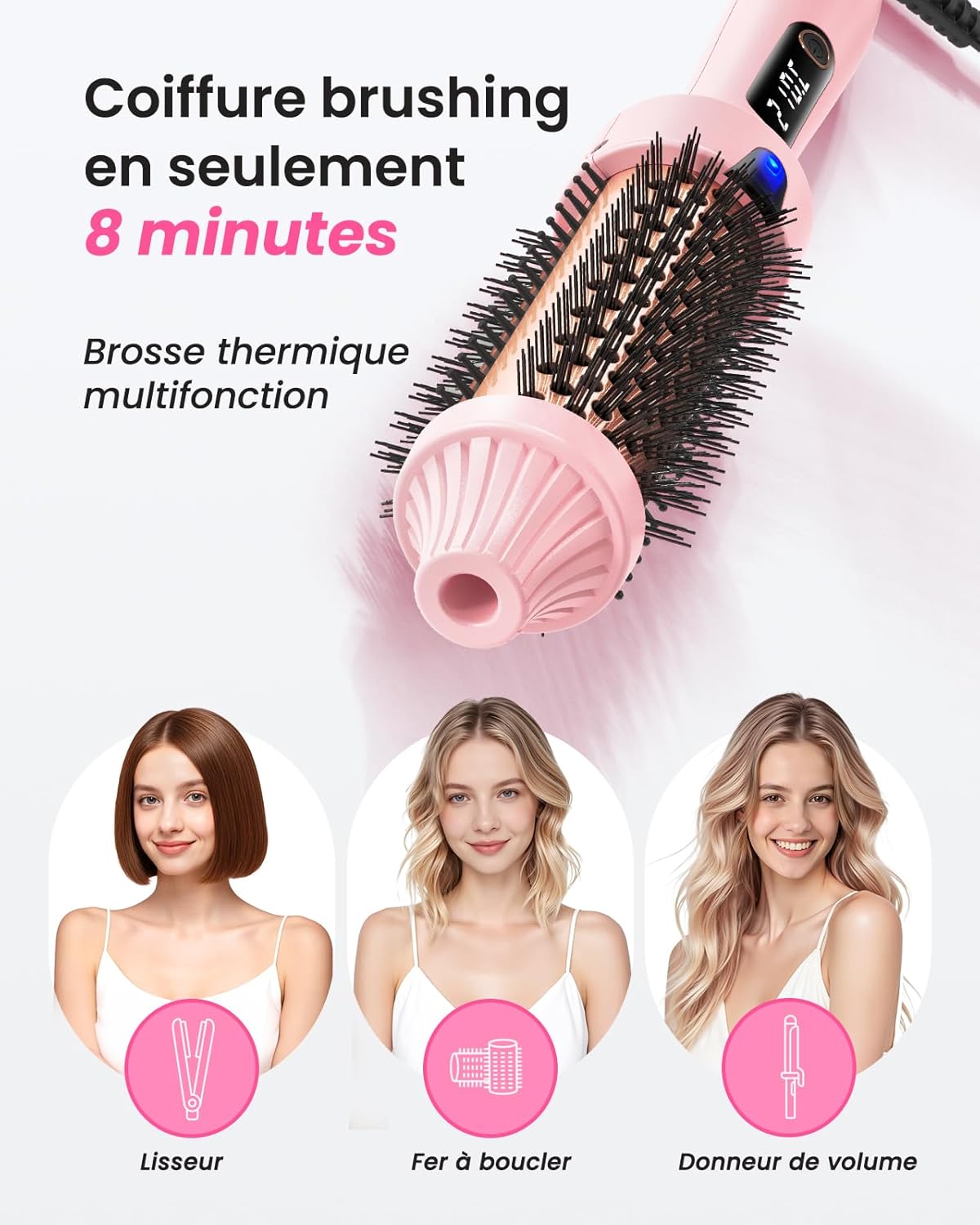 Brosse Chauffante 38mm à 3 Fonctions– Lissage, Boucles Souples, Volume, 6 Réglages Température, Chauffage Rapide, Design Ionique Anti-Frisottis(Rose.)