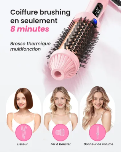 Brosse Chauffante 38mm à 3 Fonctions– Lissage, Boucles Souples, Volume, 6 Réglages Température, Chauffage Rapide, Design Ionique Anti-Frisottis(Rose.)