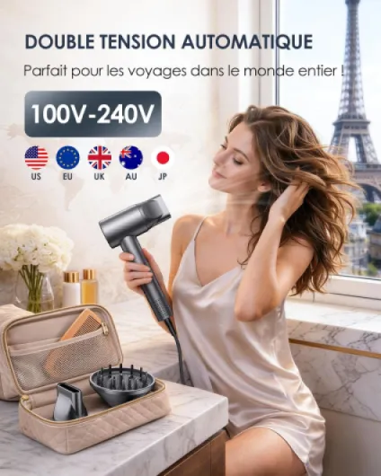 Bopcal Sèche Cheveux Ionique Professionnel, 100–240V Seche Cheveux de Voyage, 170000 TR/Min Haute Vitesse avec Diffuseur, Séchage Rapide, 500 Millions d’Ions Négatifs, pour Maison, Salon, Cadeau Gris