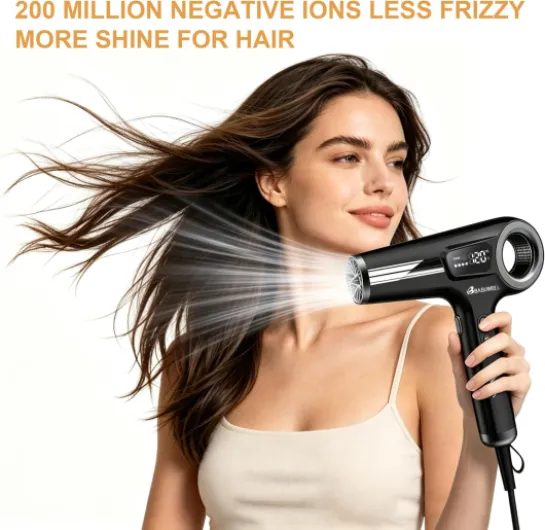 Sèche Cheveux Ionique 110 000 tr/min, Moteur Sans Balais, Séchage Rapide, Faible Bruit, Poids Léger, Affichage LED, Sèche-Cheveux avec 3 Buses Magnétiques, Pour Maison et Salon (Noir)
