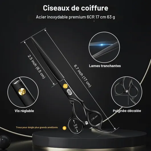 Kit Ciseaux Coiffure Professionnel, Ciseaux de Coiffure (6,7 Pouces Ciseau Cheveux & Ciseaux Desepaississant Cheveux) pour Hommes Femmes, Salon de Coiffure à Domicile (Noir) Noir Kit Ciseaux Coiffure Professionnel