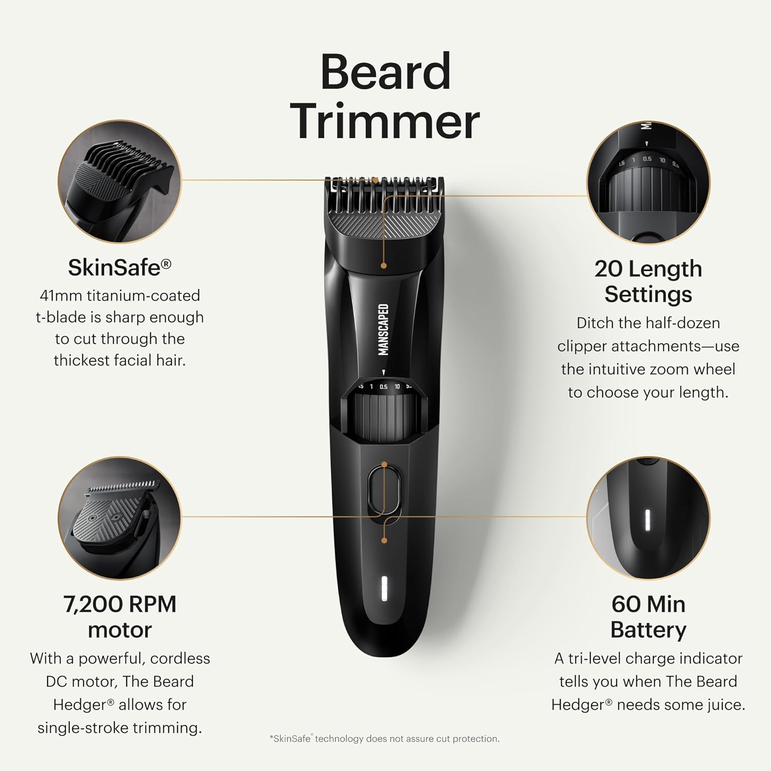 Tondeuse à barbe premium The Beard Hedger® MANSCAPED®, Molette réglable avec 20 longueurs, Lame en T en acier inoxydable pour un rasage précis, Sans fil, Étanche, Rasoir visage Wet/Dry