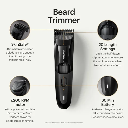 Tondeuse à barbe premium The Beard Hedger® MANSCAPED®, Molette réglable avec 20 longueurs, Lame en T en acier inoxydable pour un rasage précis, Sans fil, Étanche, Rasoir visage Wet/Dry