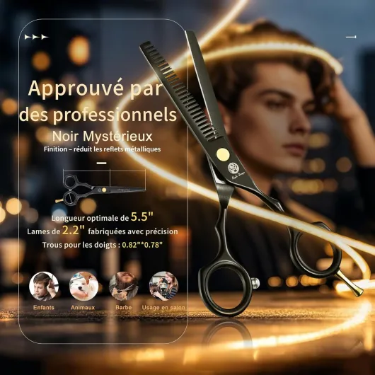 Kit Coiffure Acier 440C Professionnel, 5,5 pouces, Noir - Ciseaux Coiffure Noir Acier 440C Peigne Rasoir désépaissir, étui cuir, Cheveux Coupe Frange Barbe pour Coiffeur Homme Enfant