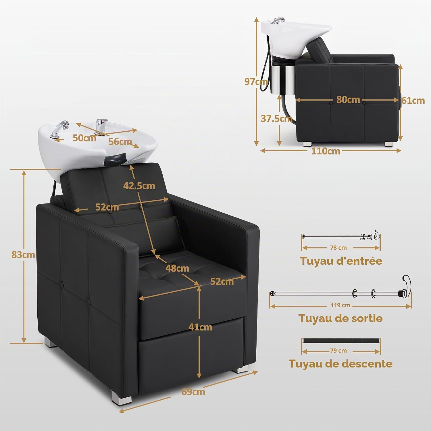 Fauteuil de coiffure avec lavabo, lavabo de coiffure en céramique réglable, fauteuil de lavage inclinable Fauteuil de lavage de coiffure pour salon SPA 8010 Blanc