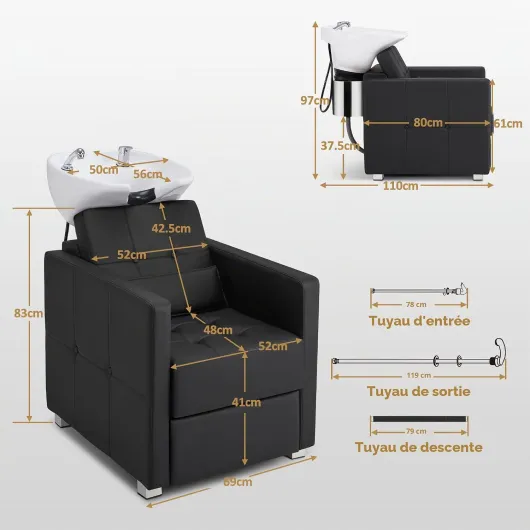 Fauteuil de coiffure avec lavabo, lavabo de coiffure en céramique réglable, fauteuil de lavage inclinable Fauteuil de lavage de coiffure pour salon SPA 8010 Blanc
