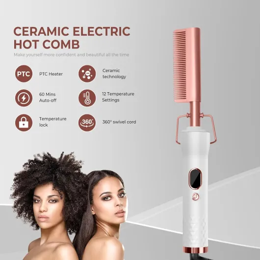 Peigne Cheveux Afro 3 en 1, Peigne Chauffant Avec Écran LCD, Peigne Electrique 120-230℃, Brosse Lissante Cheveux Crepus, Peigne Lisseur Barbe Homme, Peigne à Lisser Hot Comb PTC Chauffage Rapide Or Rose
