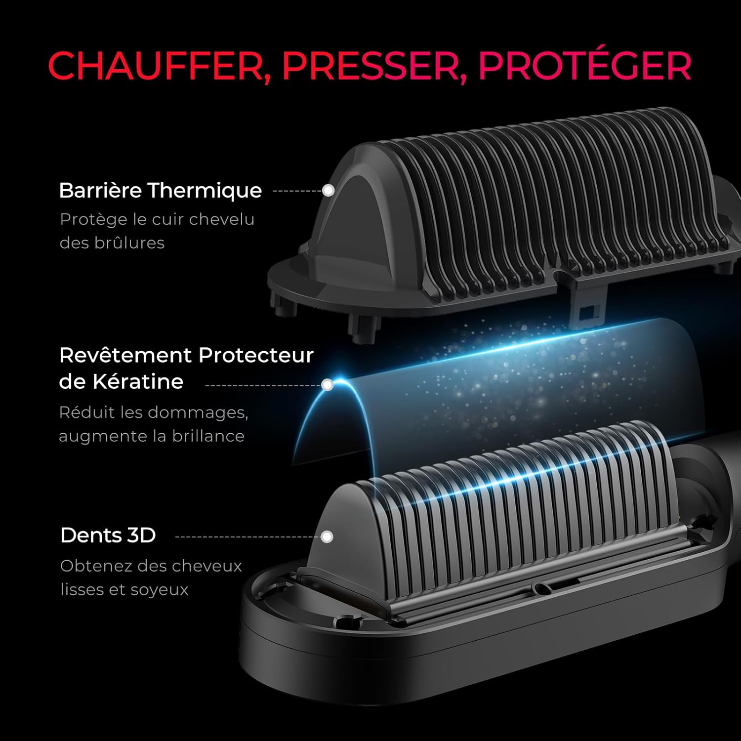 RING PLUS Brosse Lissante Pour Cheveux, Lisseur Cheveux Professionnel, 9 Réglages de Température, 120℃-210℃, Écran LCD, 20S Chauffe Rapide, Fers à Lisser Négatifs Ions, Double Tension Noir
