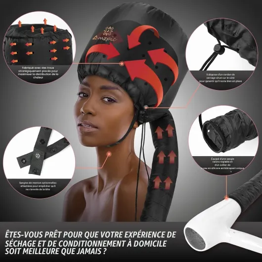 Fixation pour sèche-cheveux avec capuche, fixation douce et réglable pour sèche-cheveux extra large pour un séchage plus rapide à la maison, facile à utiliser pour le coiffage, le bouclage et Noir