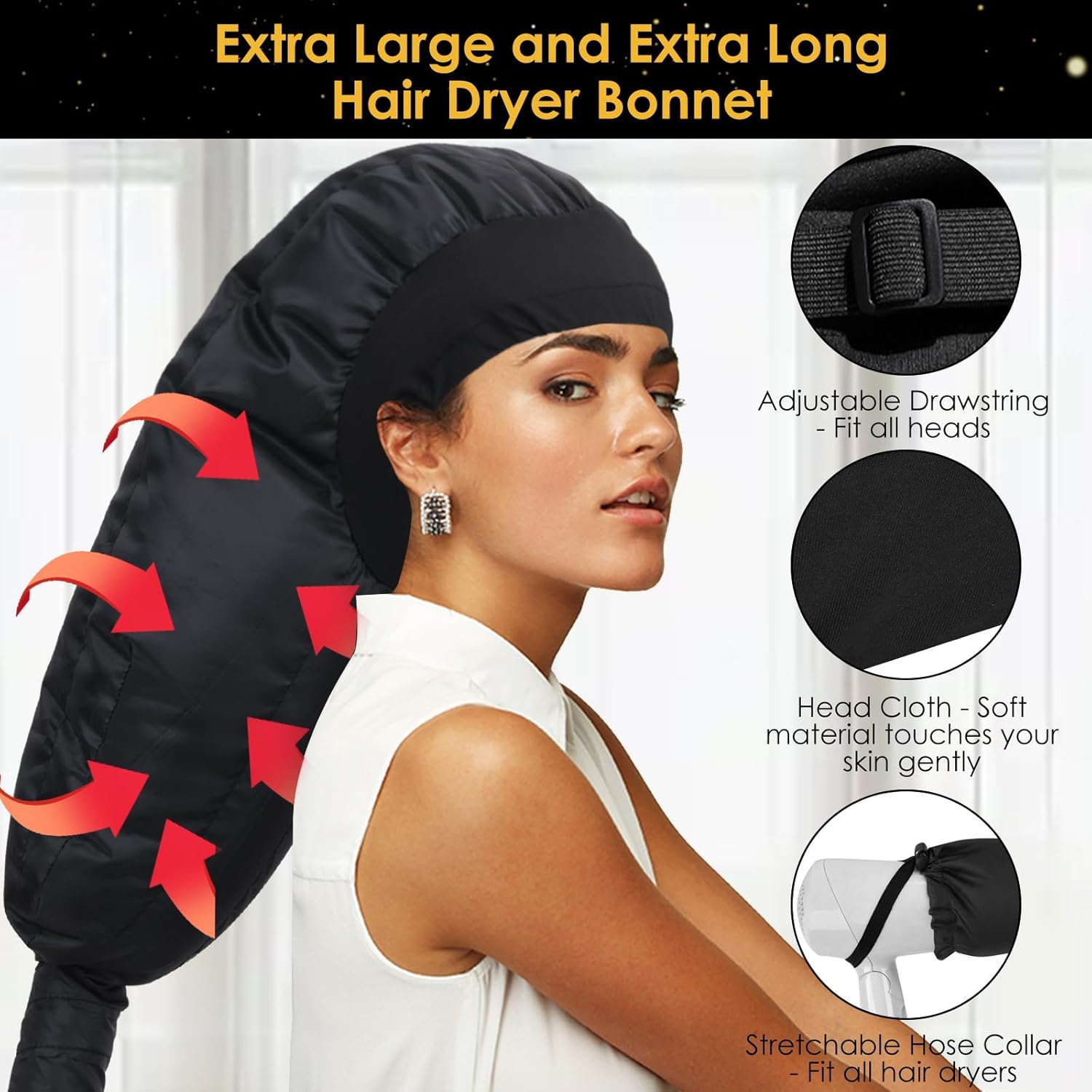 TEPENAR Bonnet Séchoir à Cheveux: Capuche Extra Large Réglable et Douce pour Cheveux Bouclés et Naturels - Séchage Rapide, Utilisation Facile - Noir Extra Large - Noir