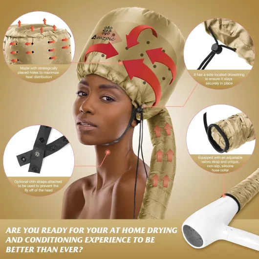 Fixation pour sèche-cheveux à capuche – Doux et réglable pour accélérer le temps de séchage à la maison, facile à utiliser pour coiffer, boucler et conditionner en profondeur (doré)
