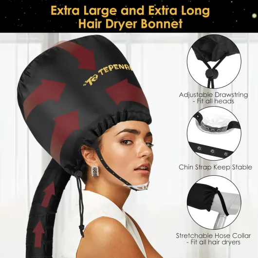 TEPENAR Bonnet pour sèche-cheveux réglable extra large avec mentonnière pour conditionner et sécher les cheveux en profondeur