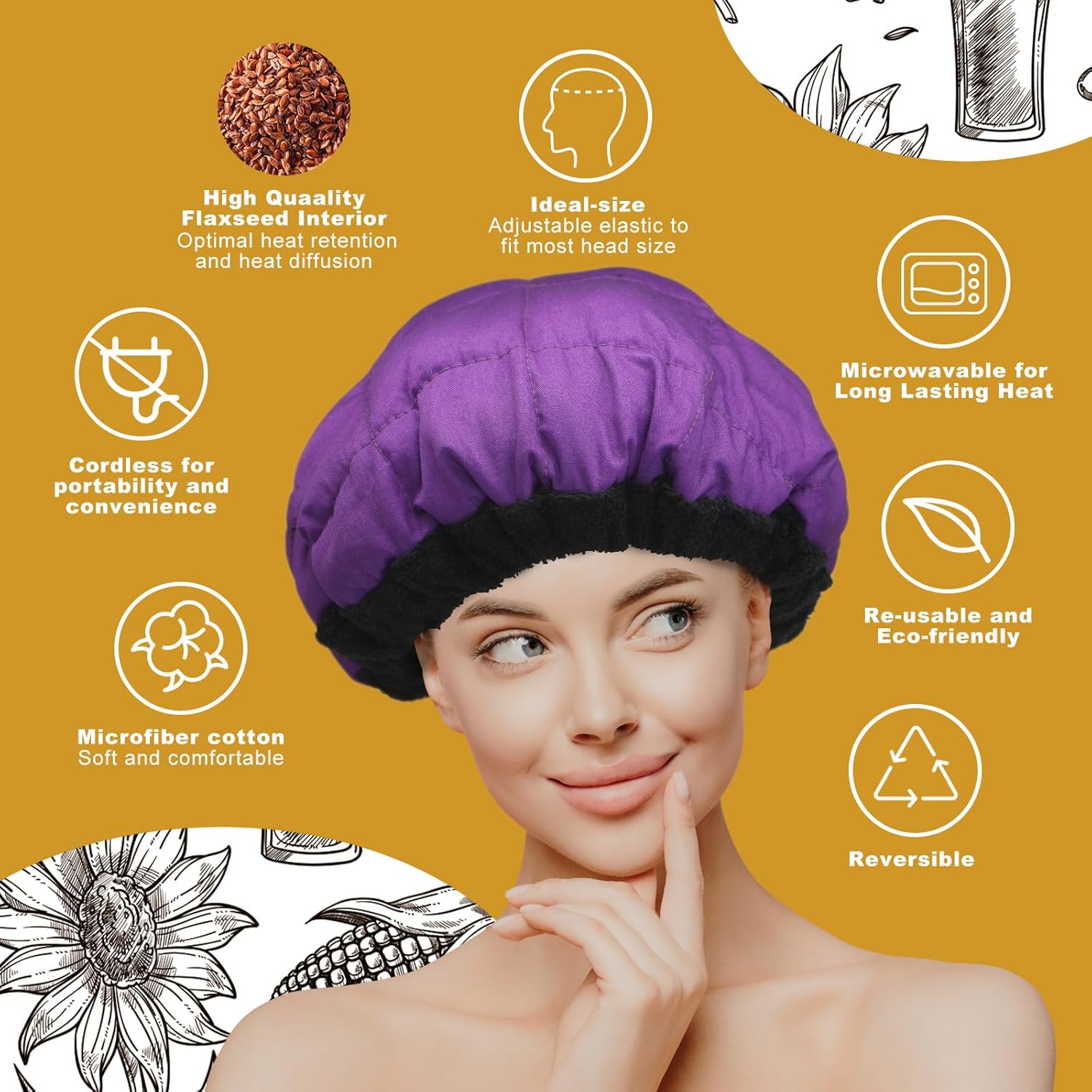 Bonnet Chauffant Cheveux Soin, Bonnet Chauffant Capillaires Profondément pour Tous Types de Soins, Casque Chauffant en Profondeurcoton en Microfibre, Chauffage par Micro-ondes(Violet)