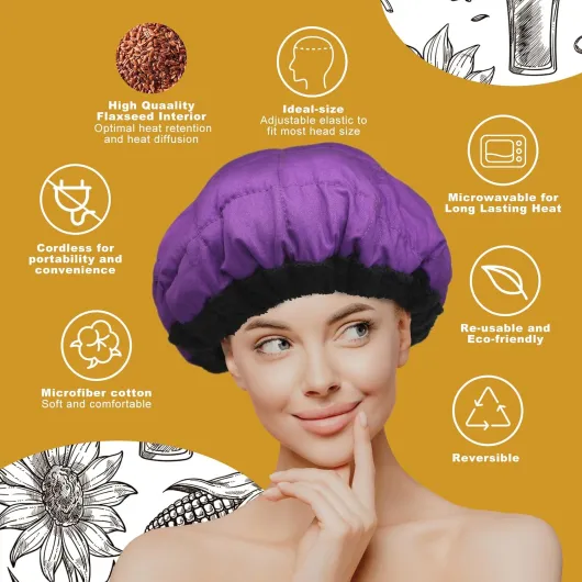 Bonnet Chauffant Cheveux Soin, Bonnet Chauffant Capillaires Profondément pour Tous Types de Soins, Casque Chauffant en Profondeurcoton en Microfibre, Chauffage par Micro-ondes(Violet)