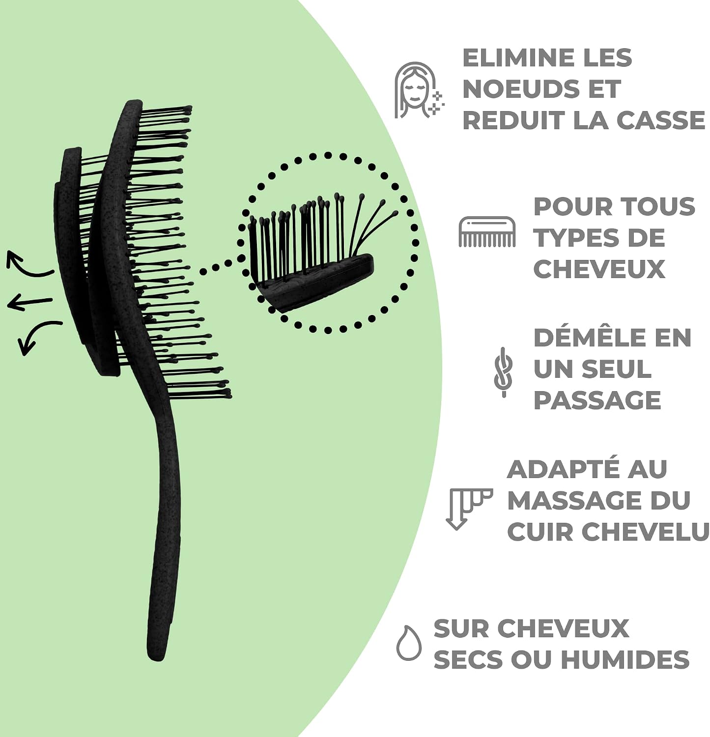 Brosse Démêlante Cheveux - Brosse à Cheveux Anti Noeuds pour Cheveux Bouclés, Crépus, Fins et Longs - Brosse Cheveux Femme, Homme et Enfant - Cheveux Mouillés ou Secs - Noir Élégance Noir Standard