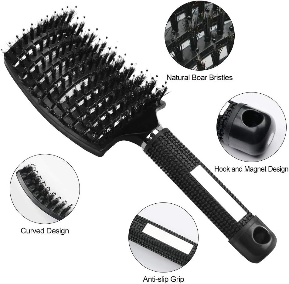 Brosse à Cheveux, Brosse à Poil de Sanglier, Professionnelle Incurvée Ventilée pour Coiffeur Outils de Coiffure Brosses de Massage Démêlantes à Séchage Rapide (Noir)