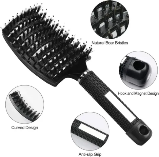 Brosse à Cheveux, Brosse à Poil de Sanglier, Professionnelle Incurvée Ventilée pour Coiffeur Outils de Coiffure Brosses de Massage Démêlantes à Séchage Rapide (Noir)