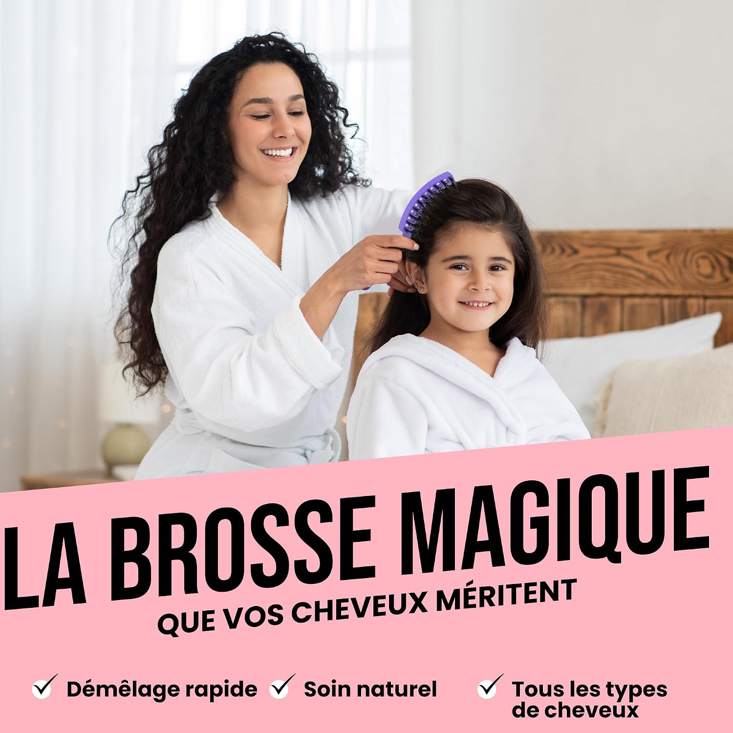Brosse à Cheveux Magique - Démêlante Instantanée - Poils de Sanglier & Nylon - Anti-Casse & Anti-Statique - Pour Cheveux Bouclés, Lisses, Épais ou Fins - Hommes, Femmes, Enfants A-Rose