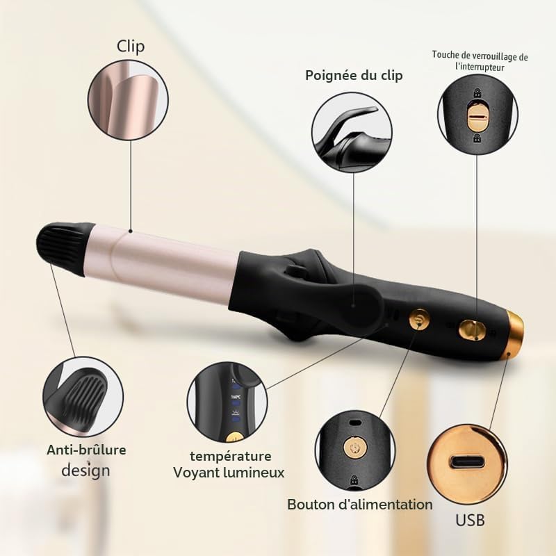 Mini fer à friser sans fil, pince à friser de voyage portable 25mm avec 3 niveaux de chauffage de la température, USB rechargeable