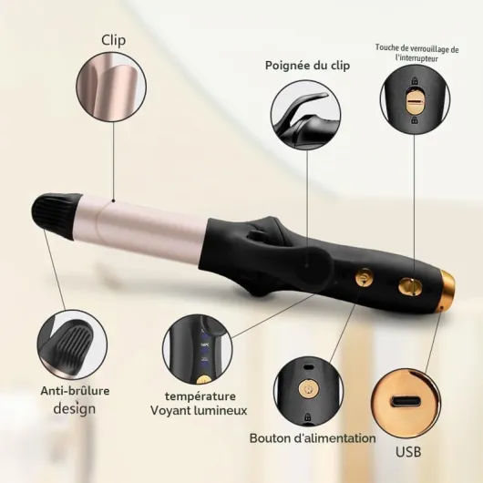 Mini fer à friser sans fil, pince à friser de voyage portable 25mm avec 3 niveaux de chauffage de la température, USB rechargeable
