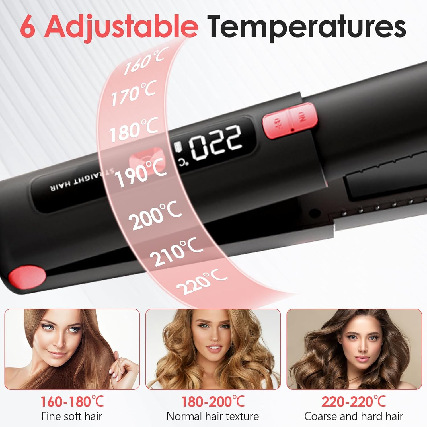 Fer à Cheveux Sans Fil 2 en 1 Mini Fer à Cheveux Portable Rechargeable USB Chauffage Rapide, 6 Température Réglable, Plaque de Voyage Cheveux Noir