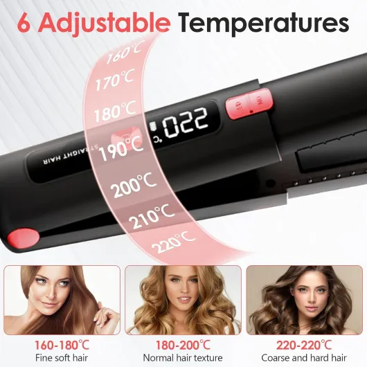 Fer à Cheveux Sans Fil 2 en 1 Mini Fer à Cheveux Portable Rechargeable USB Chauffage Rapide, 6 Température Réglable, Plaque de Voyage Cheveux Noir