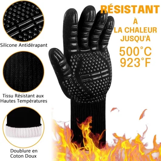 Gants de Barbecue, Gants de Four Résistant à la Chaleur jusqu'à 500°C Gants de Gril de Cuisson en Silicone Antidérapants (L/XL/XXL, Gold) L/XL/XXL Gold