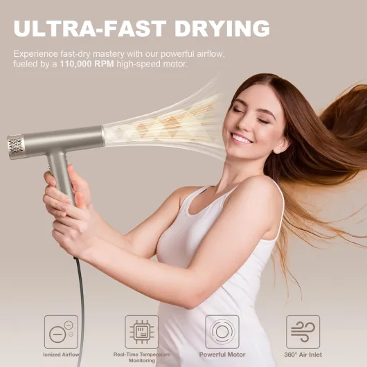 YAPOY Sèche Cheveux professionnel avec Diffuseur Sèche-Cheveux à 200 Millions d'ions à Séchage Rapide avec 110 000 TR/Min Haute Vitesse Contrôle Thermique Intelligent - Argent Argent diffuseur